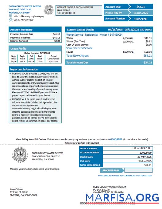 Blank USA Cobb County Water System utility bill template in Word and PDF formats, version 2